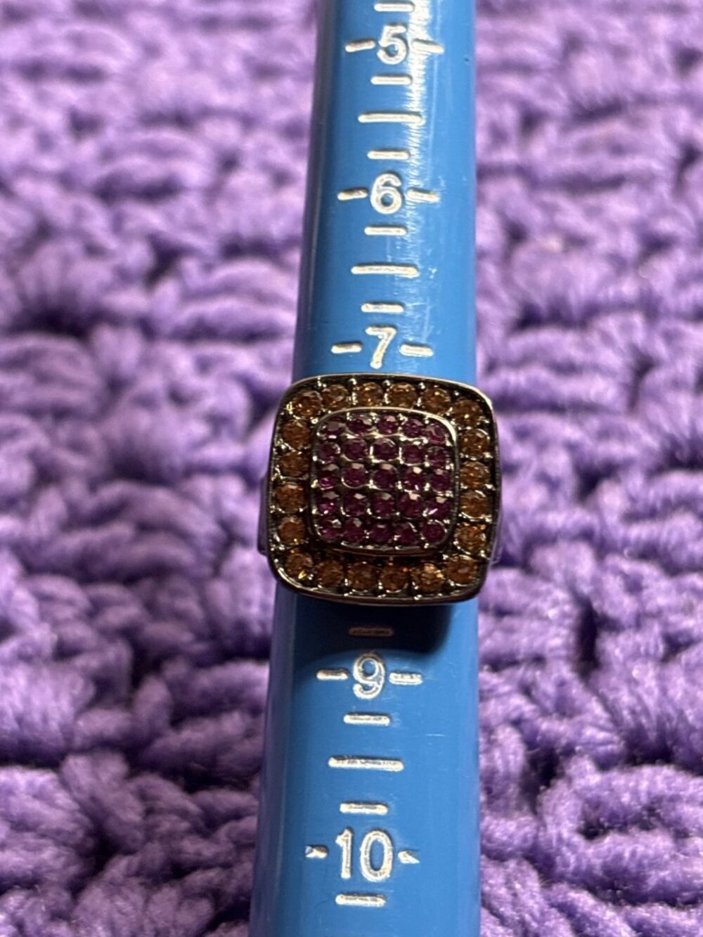 Gunmetal Stretchy Ring Purple and Orange Rhinestone Pave